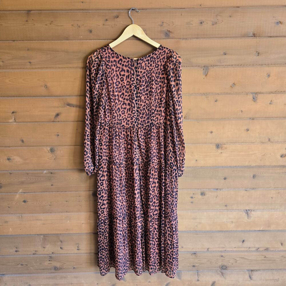 Loft Dress Leopard Midi Tiered V-Neck Boho Animal Long Sleeve 6 Puff Auburn - Picture 3 of 6